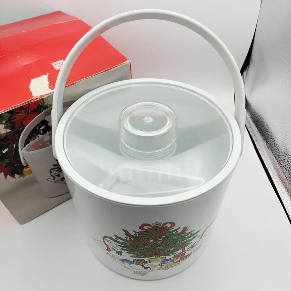 Vintage Pheonix Christmas Tree 3.5 Quart Covered Ice bucket with Tongs & Box HTF - Picture 2 of 13